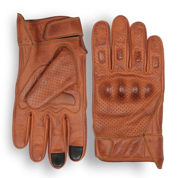 Men's Premium Waxed Austin Brown Leather Perforated Motorcycle Gloves - Picture 2 of 9